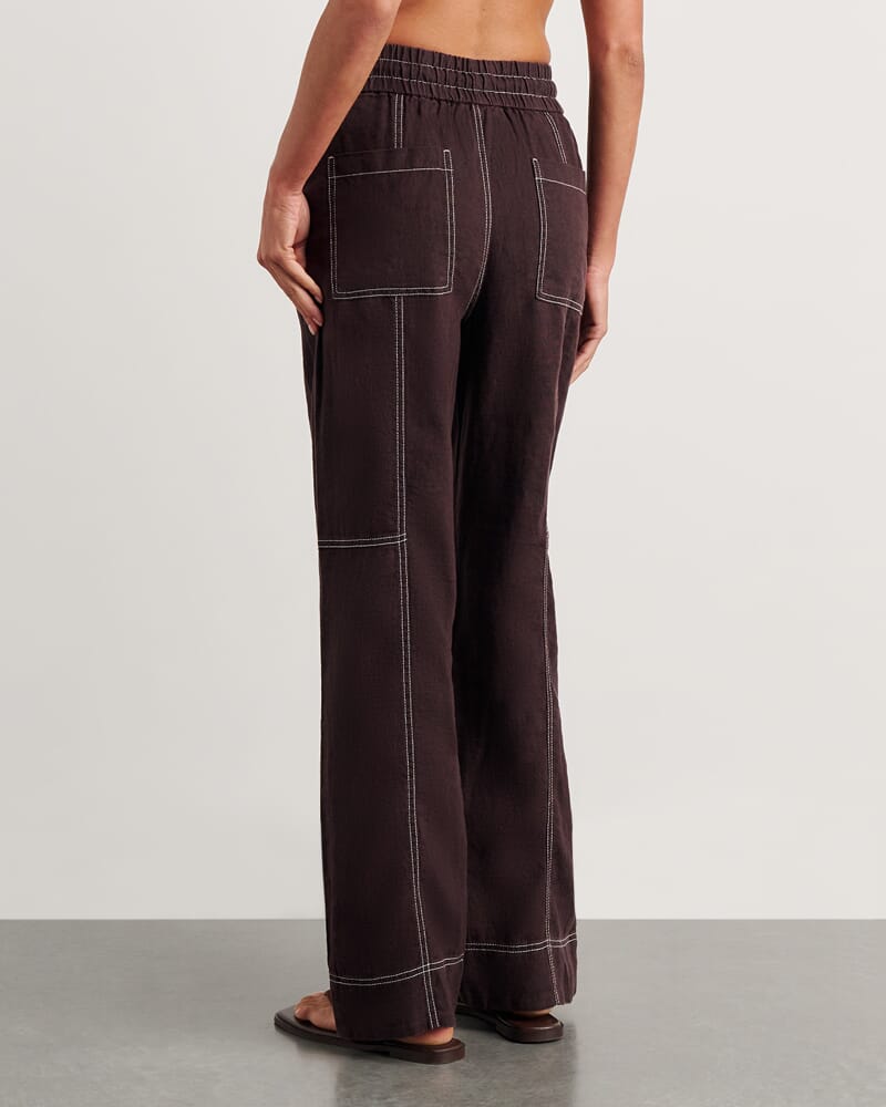 Sabine Linen Relaxed Leg Pant in DARK CHOCOLATE