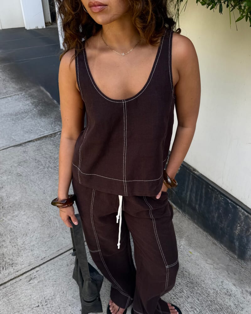 Sabine Linen Relaxed Leg Pant in DARK CHOCOLATE