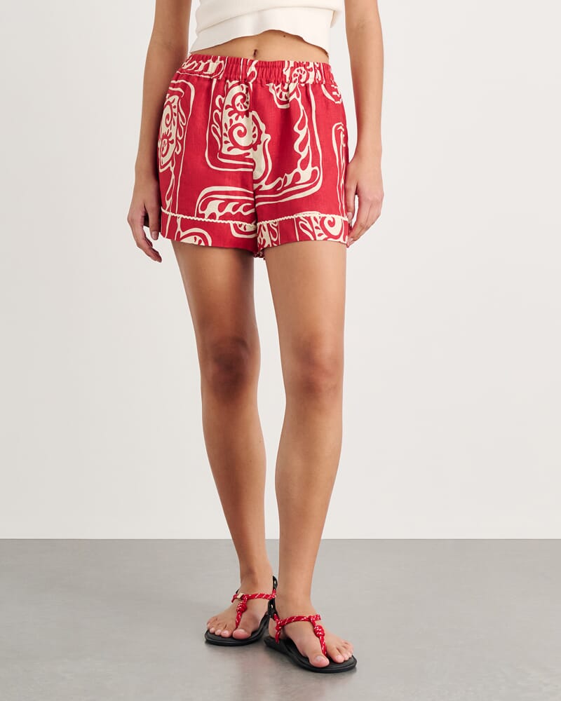 Ceezee Linen Pull On Short in RED MULTI
