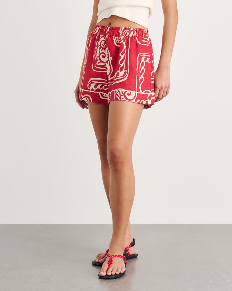 Ceezee Linen Pull On Short in RED MULTI