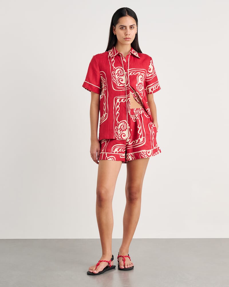 Ceezee Linen Pull On Short in RED MULTI
