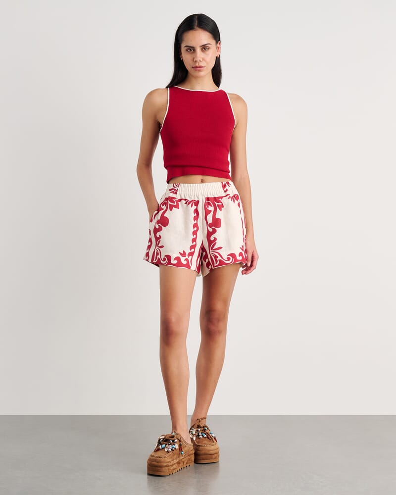 Wave Linen Pull On Short in RED MULTI