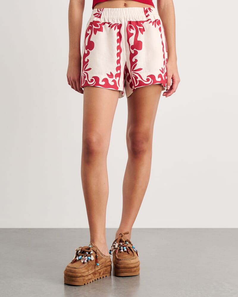 Wave Linen Pull On Short in RED MULTI