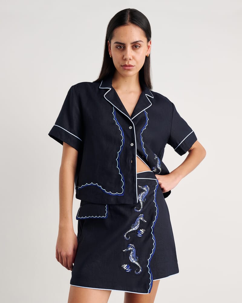 Seahorse Linen Mini Wrap Skirt in INK