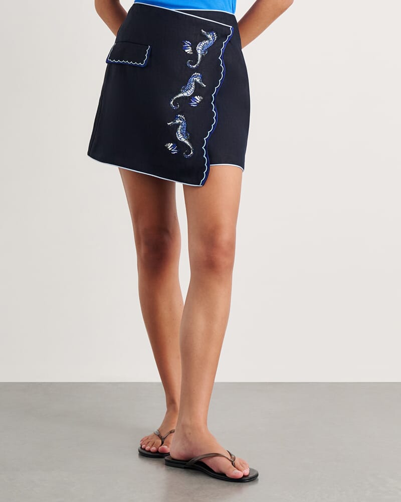 Seahorse Linen Mini Wrap Skirt in INK