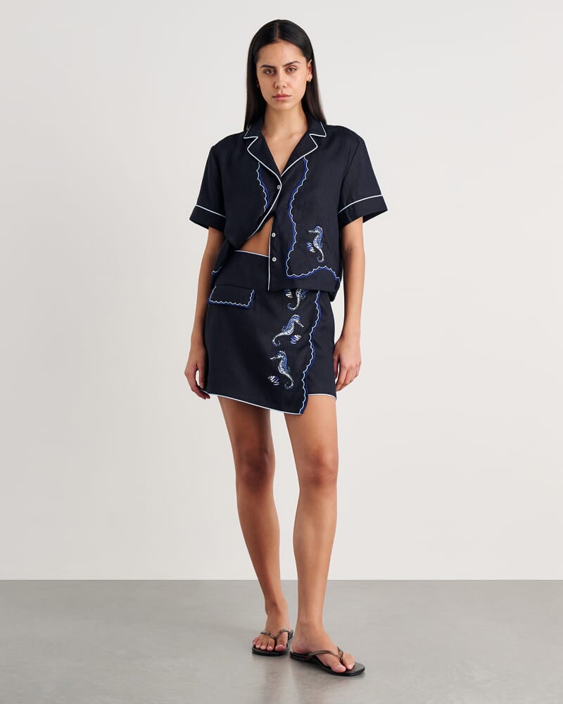 Seahorse Linen Mini Wrap Skirt in INK