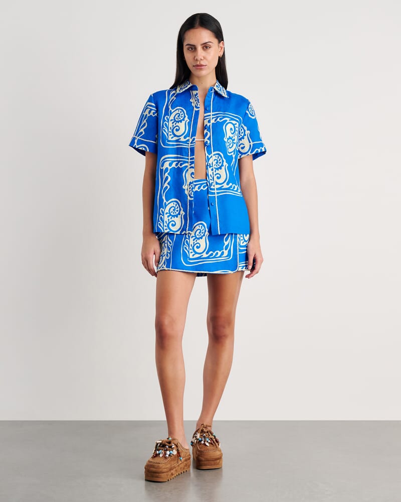 Ceezee Linen Wrap Mini Skirt in BLUE MULTI