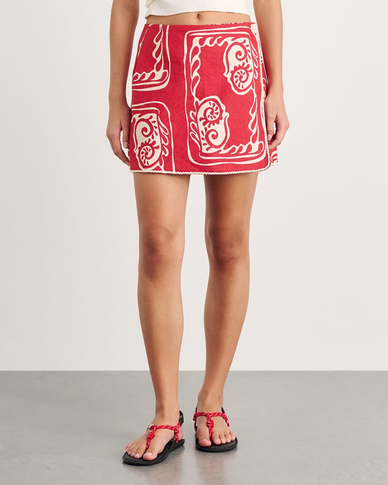 Ceezee Linen Wrap Mini Skirt in RED MULTI