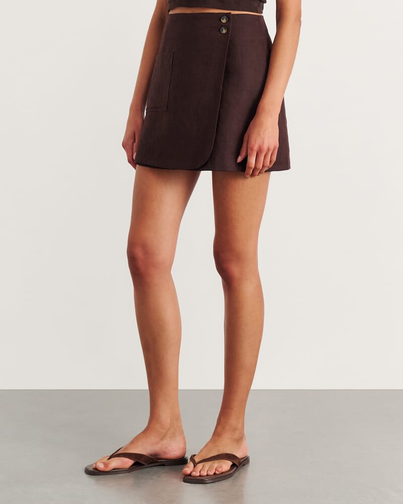 Kayla Linen Wrap Mini Skirt in DARK CHOCOLATE