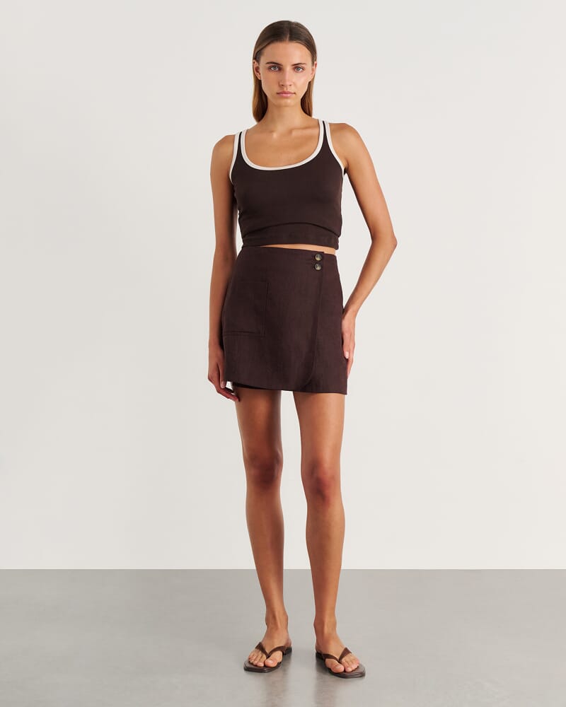 Kayla Linen Wrap Mini Skirt in DARK CHOCOLATE
