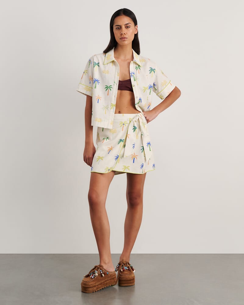 Palm Tie Wrap Mini Skirt in IVORY/MULTI