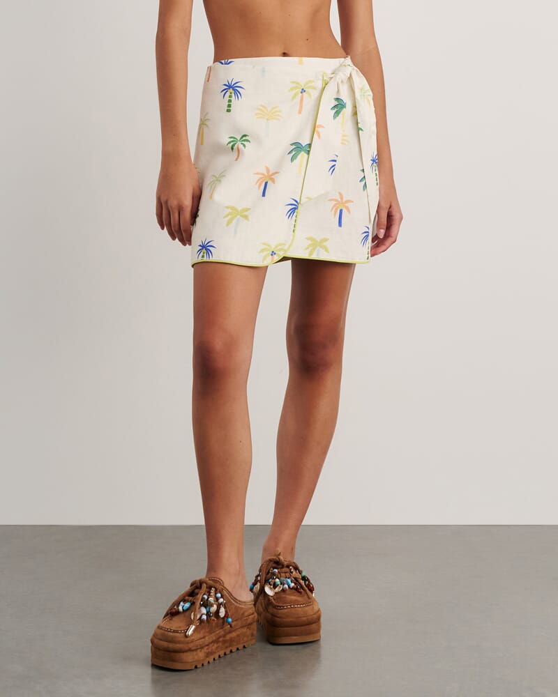 Palm Tie Wrap Mini Skirt in IVORY/MULTI