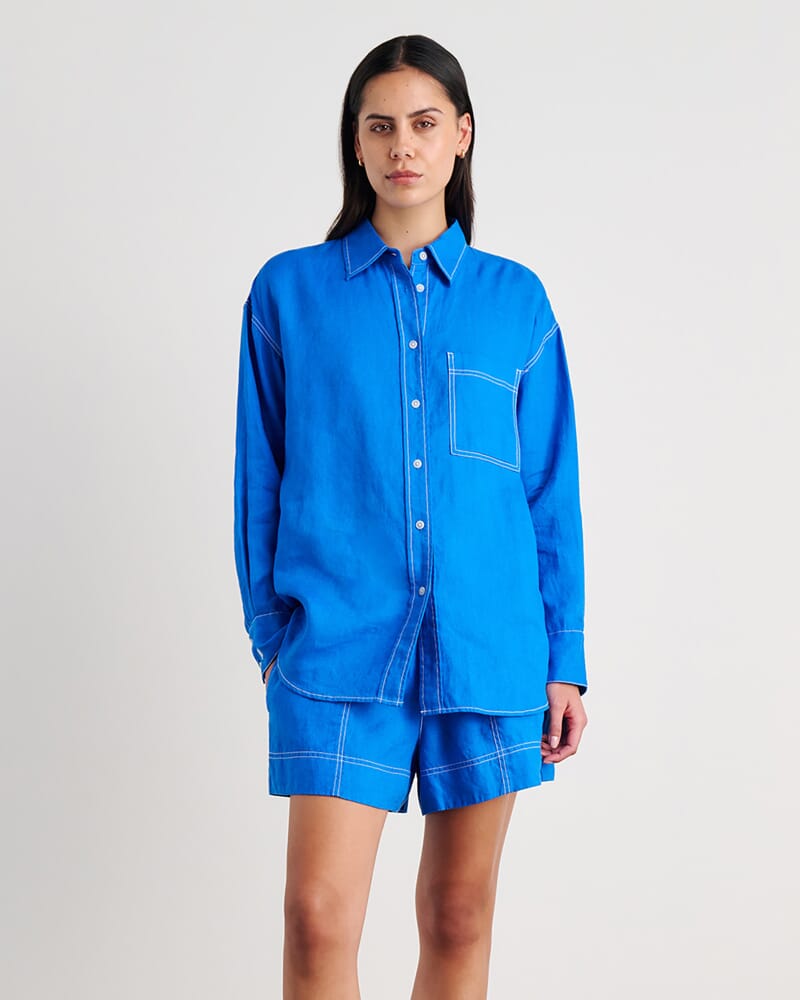 Gigi Linen Relaxed Shirt in BRIGHT BLUE