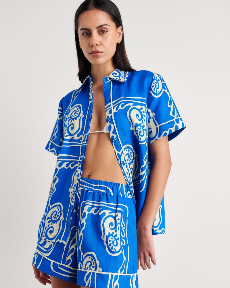 Ceeze Linen Short Sleeve Shirt in BLUE MULTI