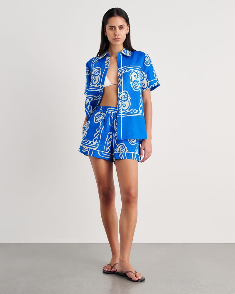 Ceeze Linen Short Sleeve Shirt in BLUE MULTI