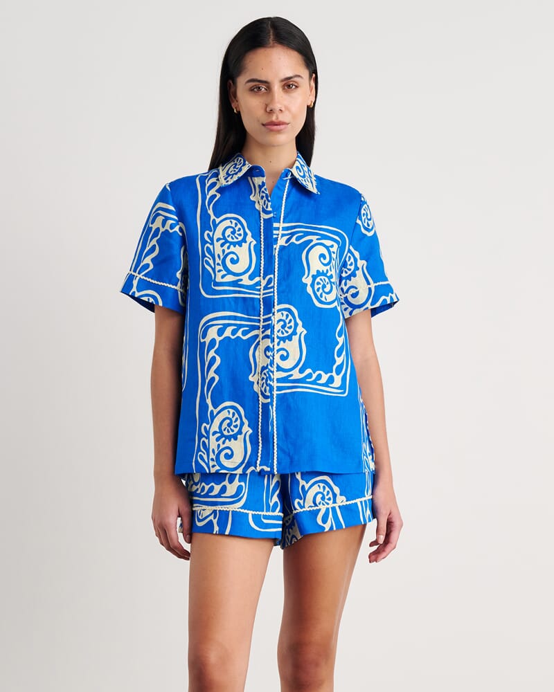 Ceeze Linen Short Sleeve Shirt in BLUE MULTI