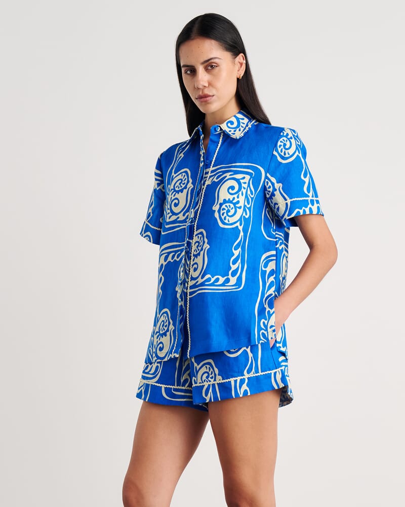 Ceeze Linen Short Sleeve Shirt in BLUE MULTI