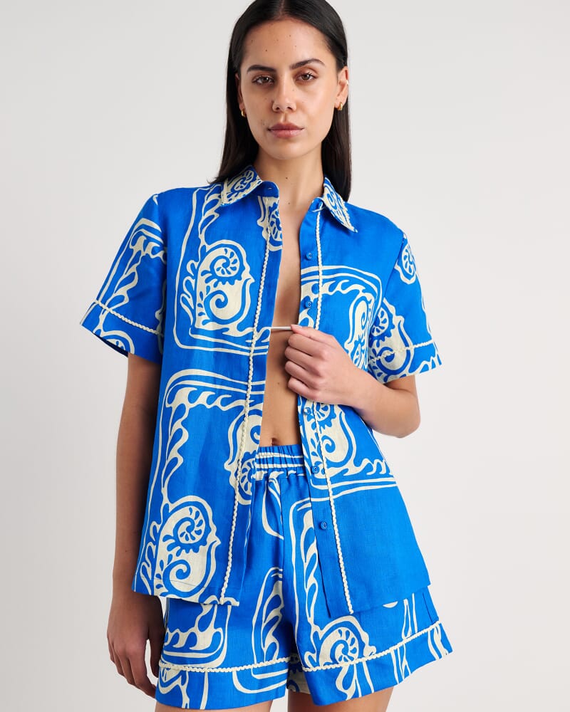 Ceeze Linen Short Sleeve Shirt in BLUE MULTI