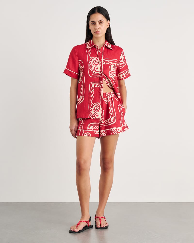 Ceeze Linen Short Sleeve Shirt in RED MULTI