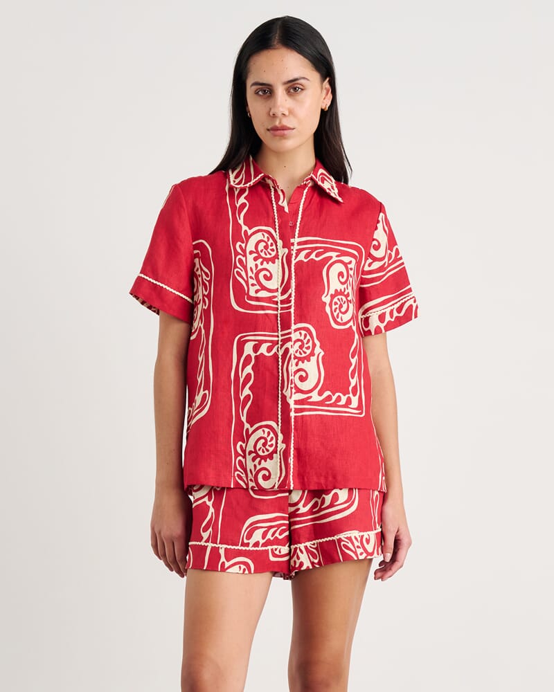 Ceeze Linen Short Sleeve Shirt in RED MULTI