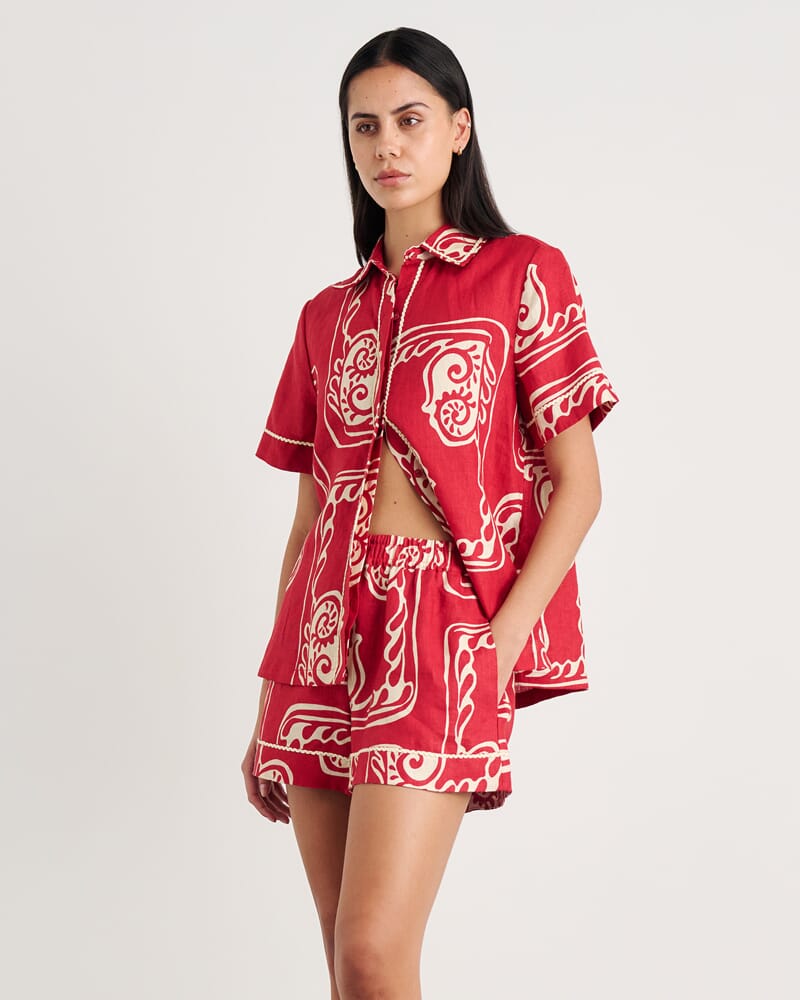 Ceeze Linen Short Sleeve Shirt in RED MULTI