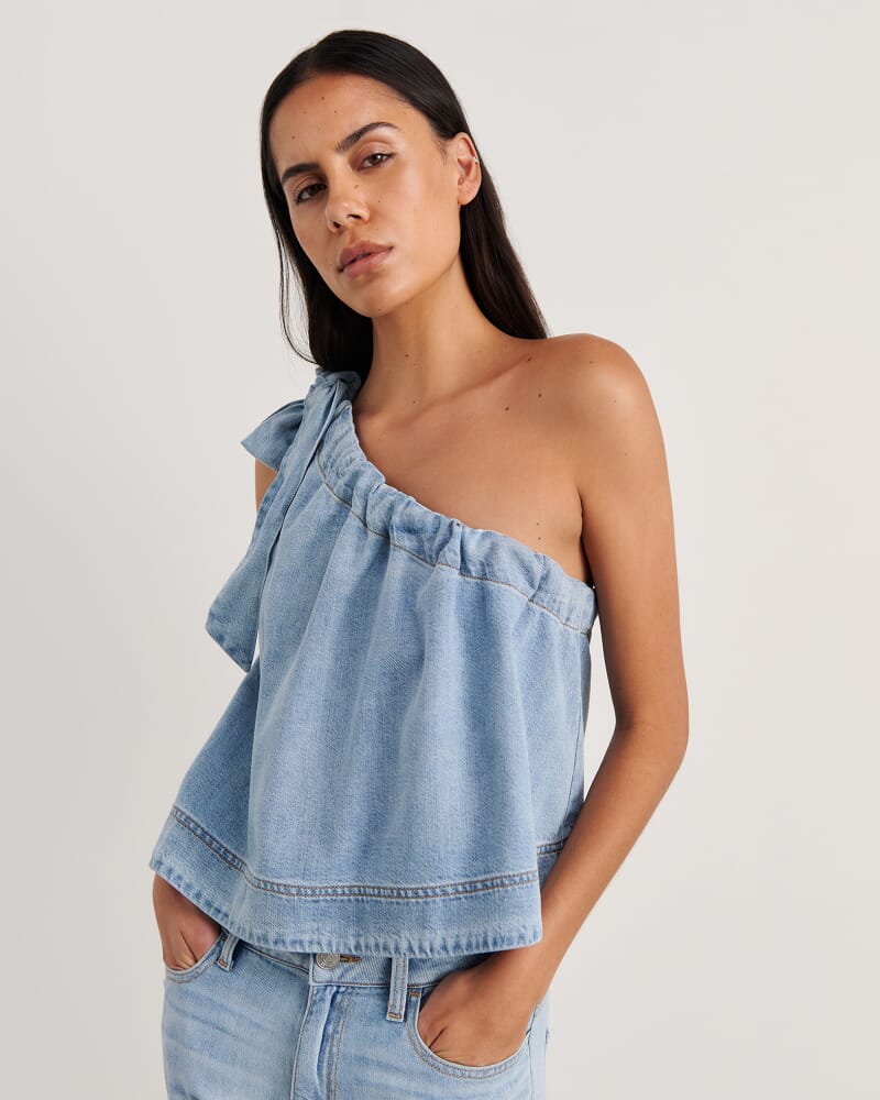 Loe Denim One Shoulder Top in LIGHT WASH