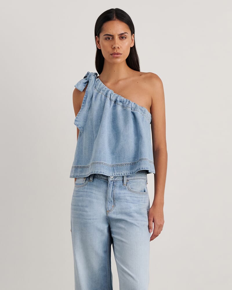 Loe Denim One Shoulder Top in LIGHT WASH