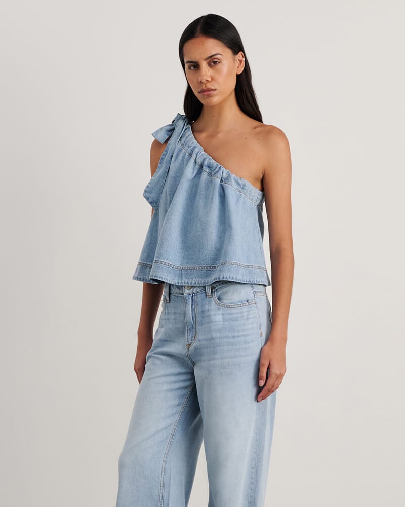 Loe Denim One Shoulder Top in LIGHT WASH