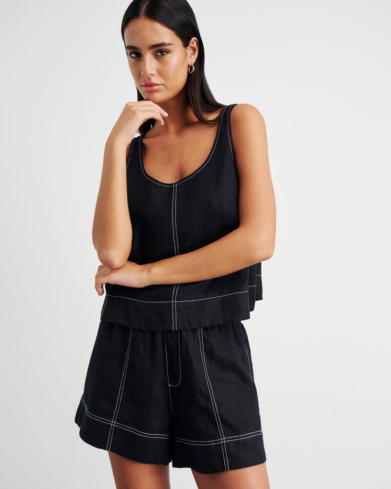 Sabine Linen Scoop Cami in BLACK