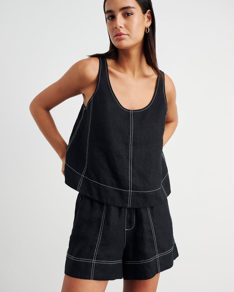 Sabine Linen Scoop Cami in BLACK