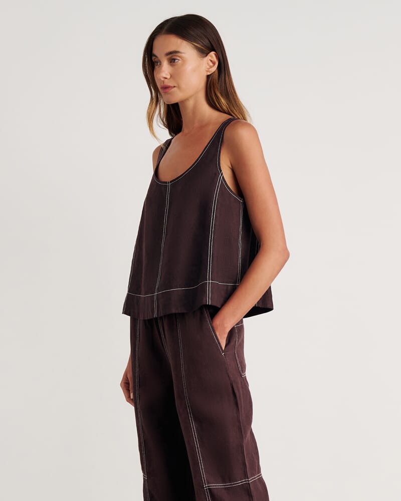 Sabine Linen Scoop Cami in DARK CHOCOLATE