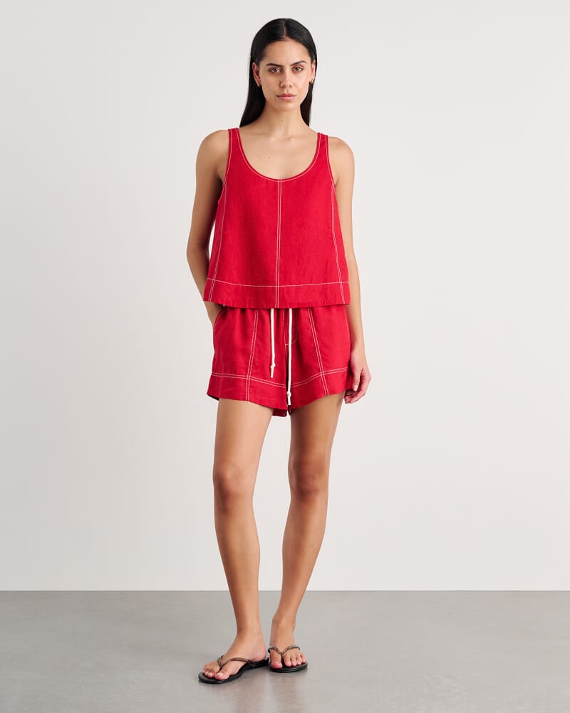 Sabine Linen Scoop Cami in DEEP RED