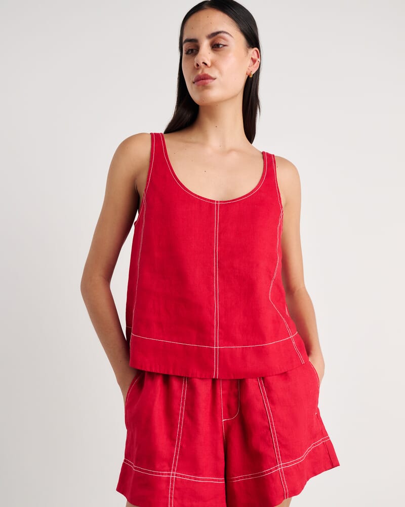 Sabine Linen Scoop Cami in DEEP RED
