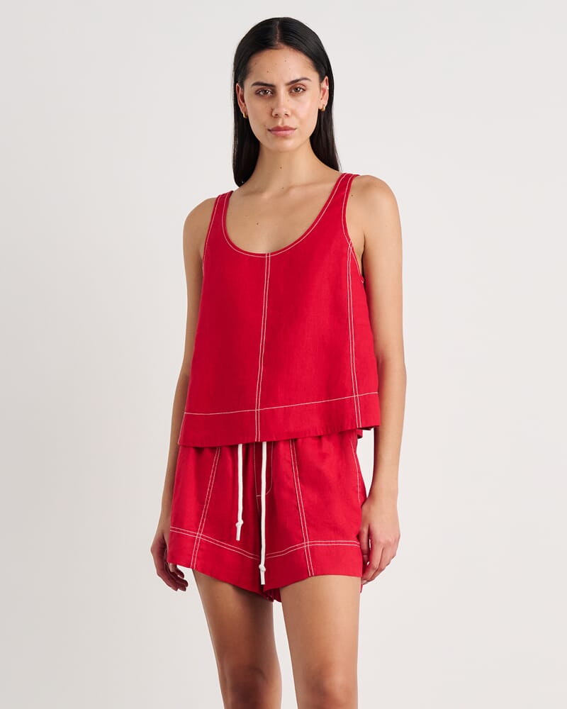 Sabine Linen Scoop Cami in DEEP RED