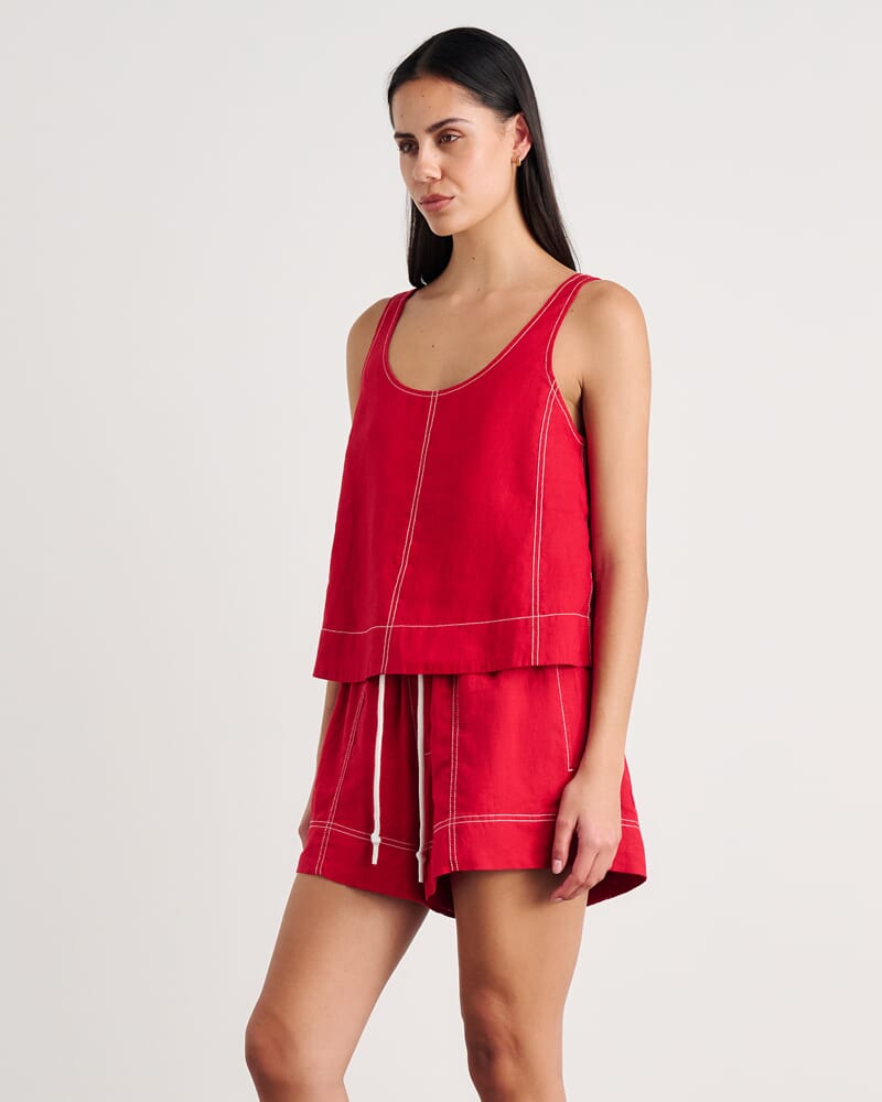Sabine Linen Scoop Cami in DEEP RED