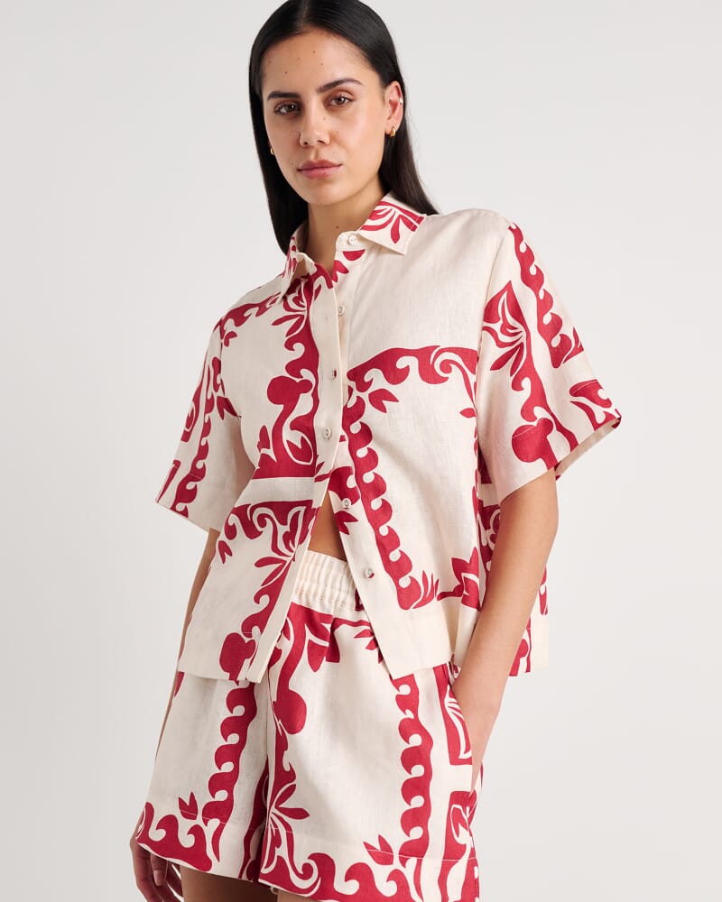 Wave Linen Shirt in RED MULTI