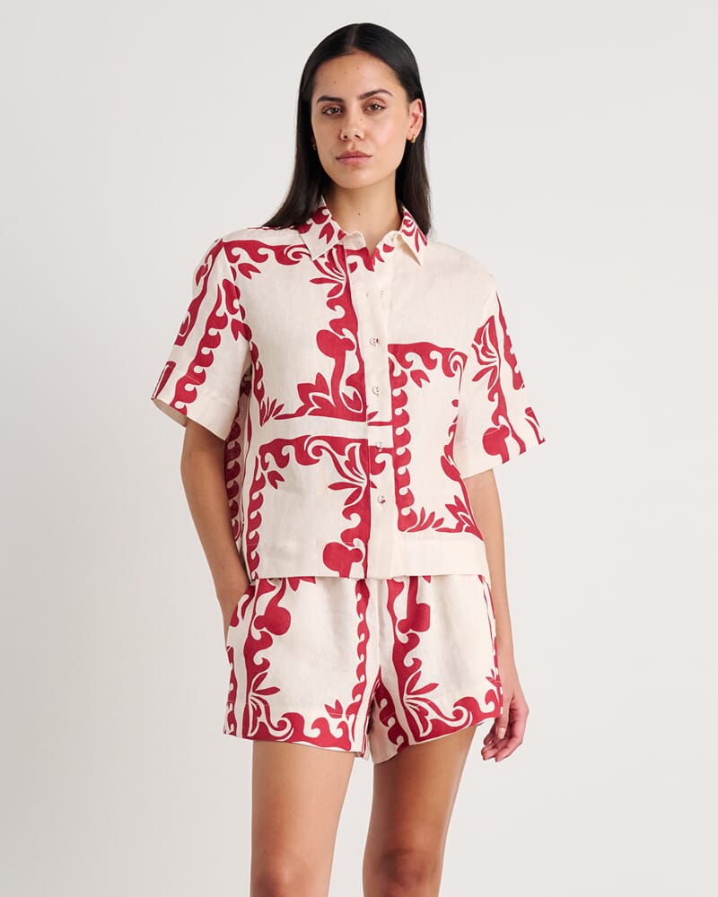 Wave Linen Shirt in RED MULTI