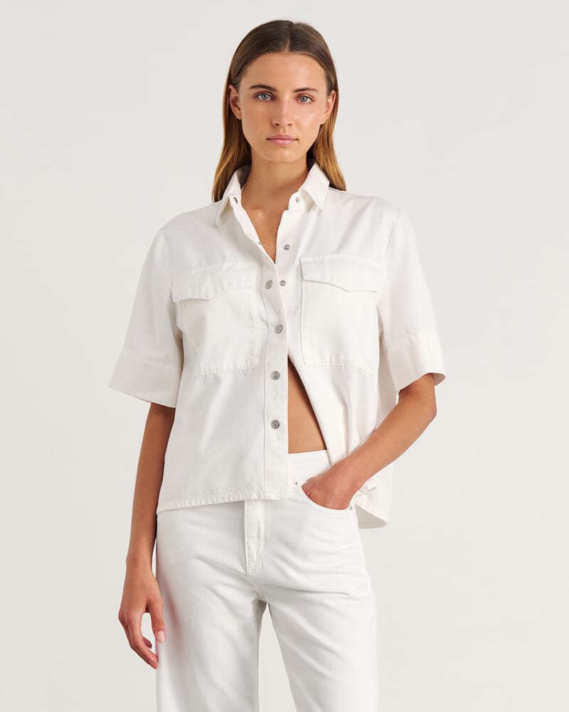 Carrie Denim Short Sleeve Shirt in WHITE