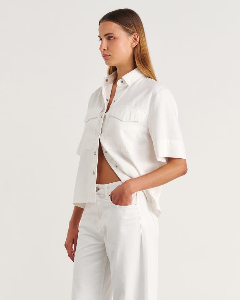 Carrie Denim Short Sleeve Shirt in WHITE