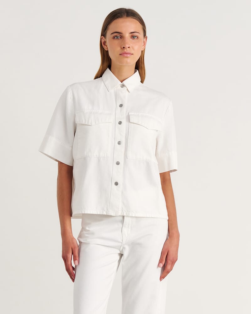 Carrie Denim Short Sleeve Shirt in WHITE