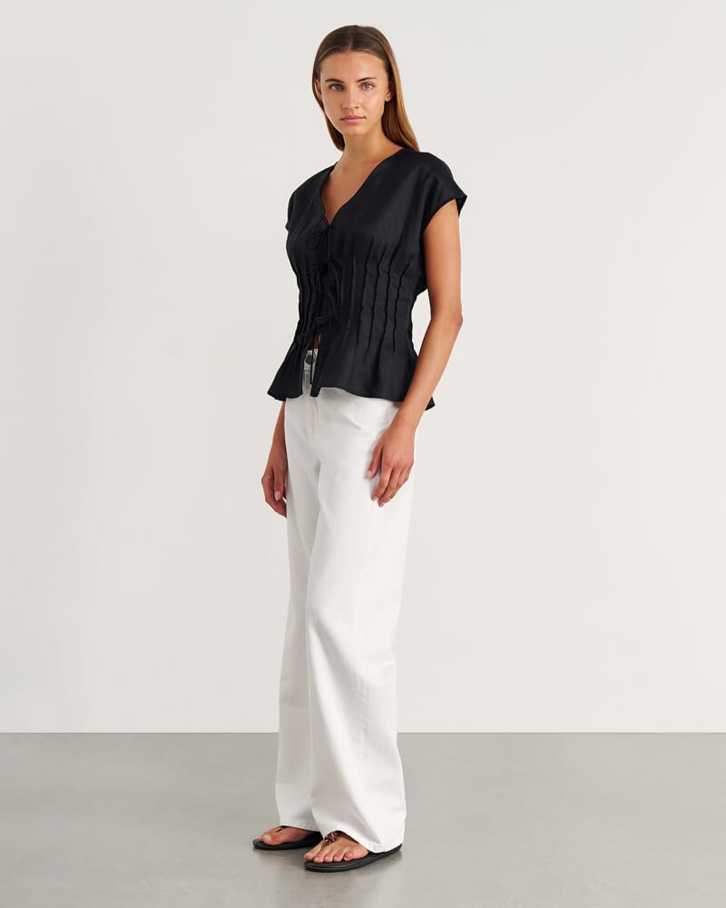 Delphine Pintuck Linen Blouse in BLACK