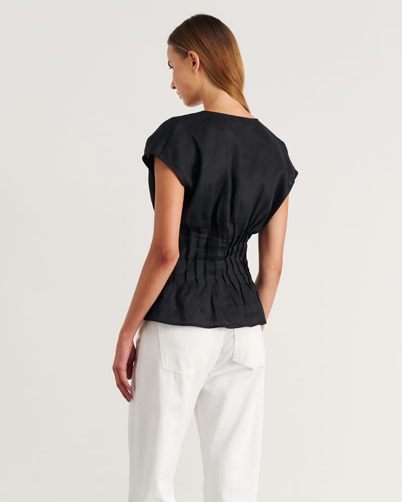 Delphine Pintuck Linen Blouse in BLACK