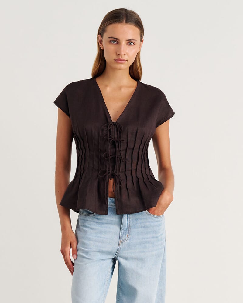 Delphine Pintuck Linen Blouse in DARK CHOCOLATE