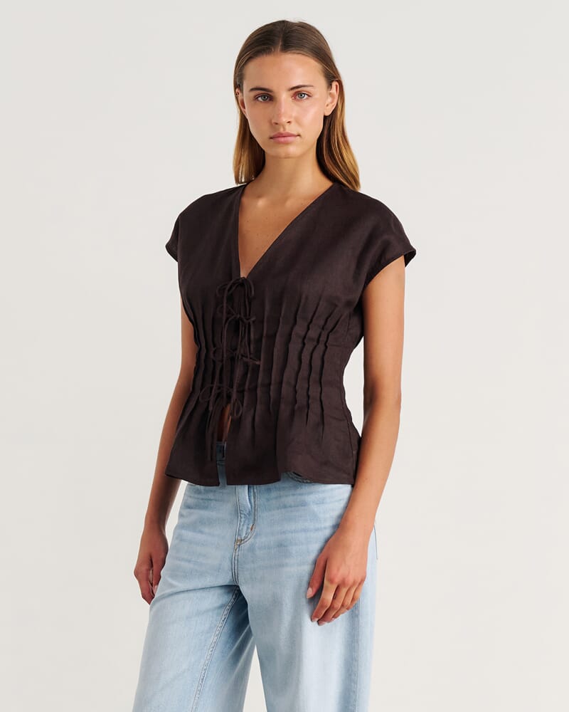 Delphine Pintuck Linen Blouse in DARK CHOCOLATE