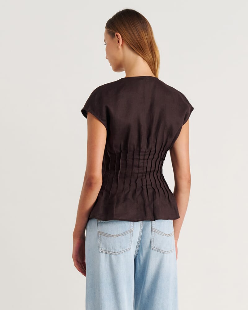 Delphine Pintuck Linen Blouse in DARK CHOCOLATE