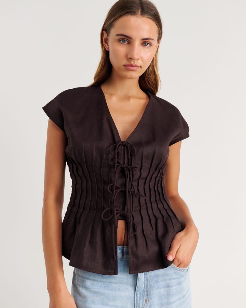 Delphine Pintuck Linen Blouse in DARK CHOCOLATE
