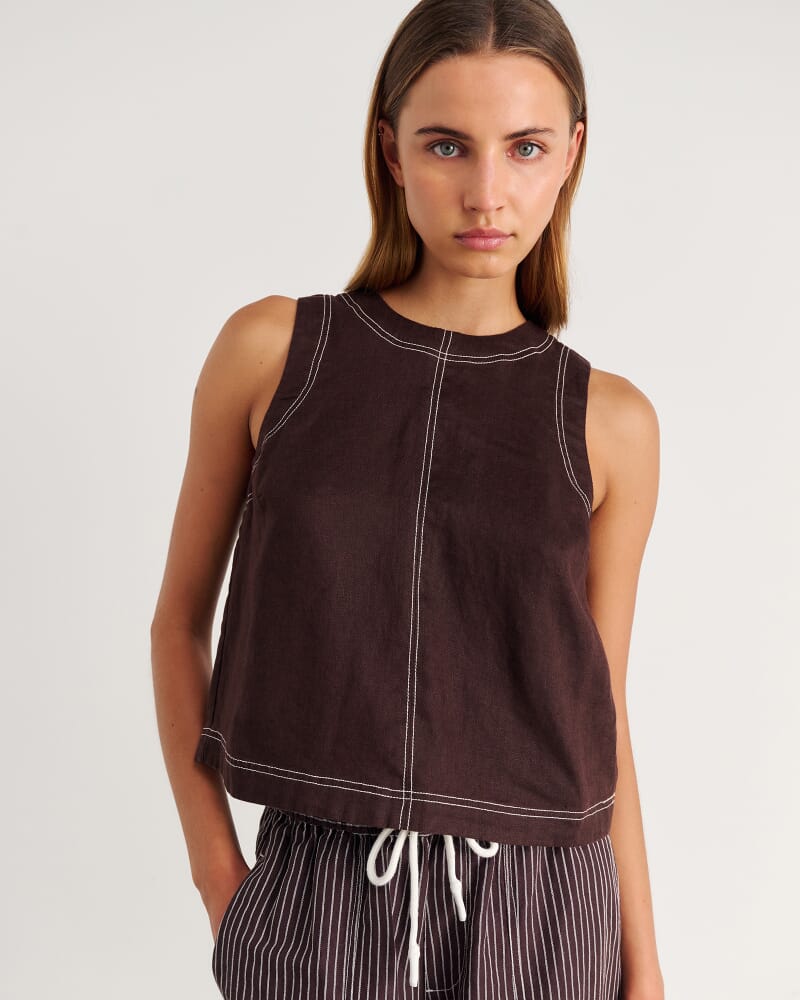 Ann Linen Open Back Top in DARK CHOCOLATE