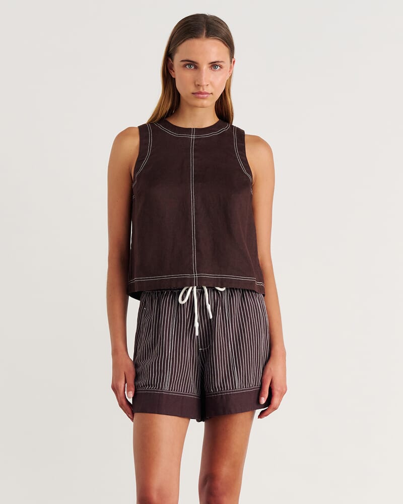Ann Linen Open Back Top in DARK CHOCOLATE