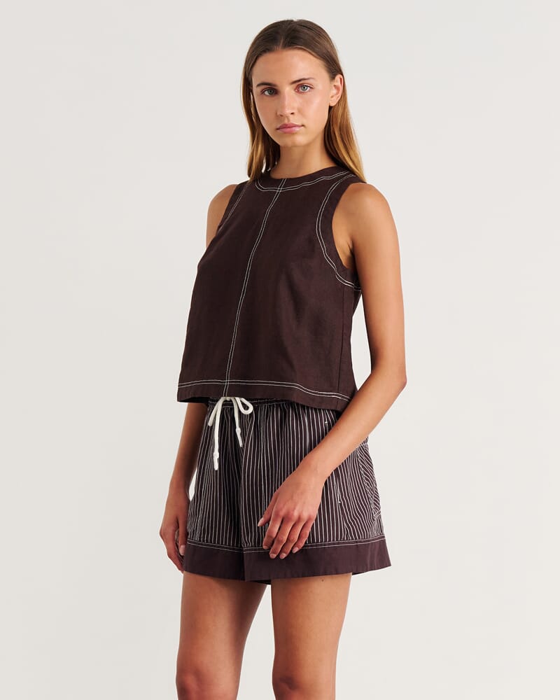 Ann Linen Open Back Top in DARK CHOCOLATE
