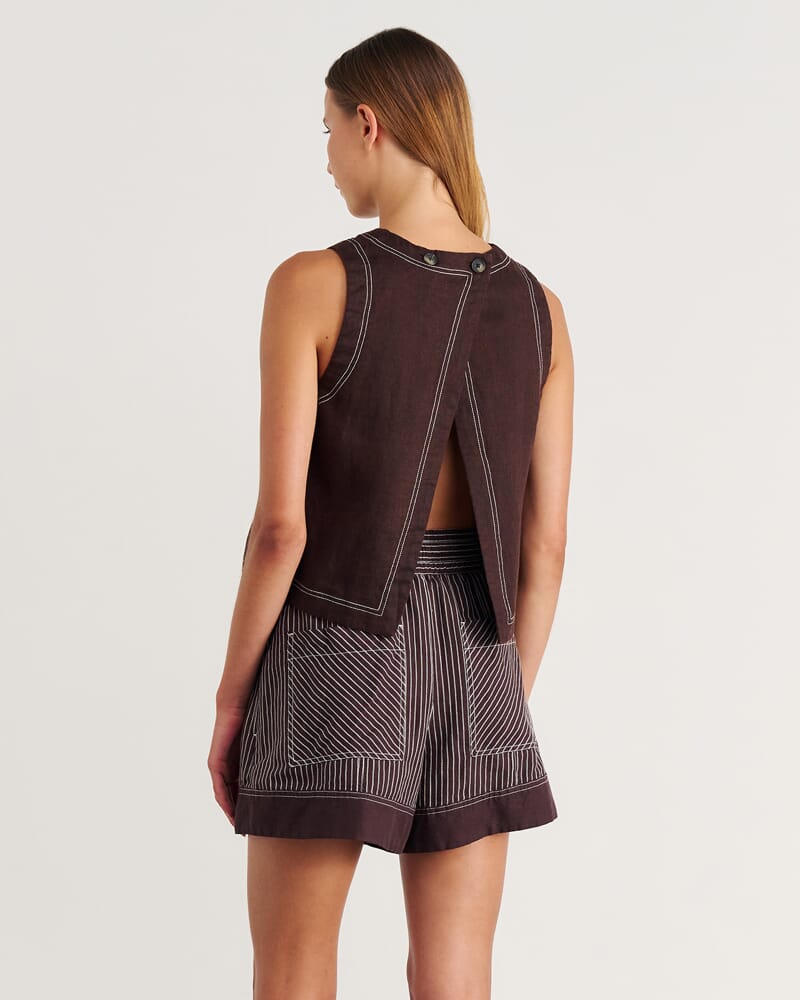 Ann Linen Open Back Top in DARK CHOCOLATE